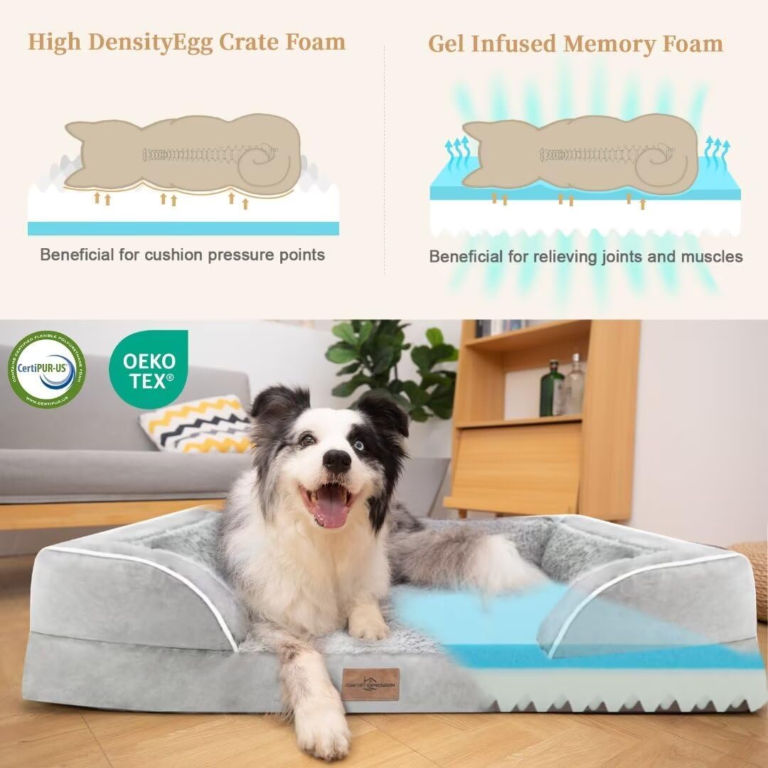 Comfort Expression Cooling Dog Bed, Orthopedic Memory Foam Dog Bed, Jumbo Beds for Extra Large Dogs, Large Breed Dogs Beds Waterproof with Bolster & Removable Cover(Jumbo,Light Grey)