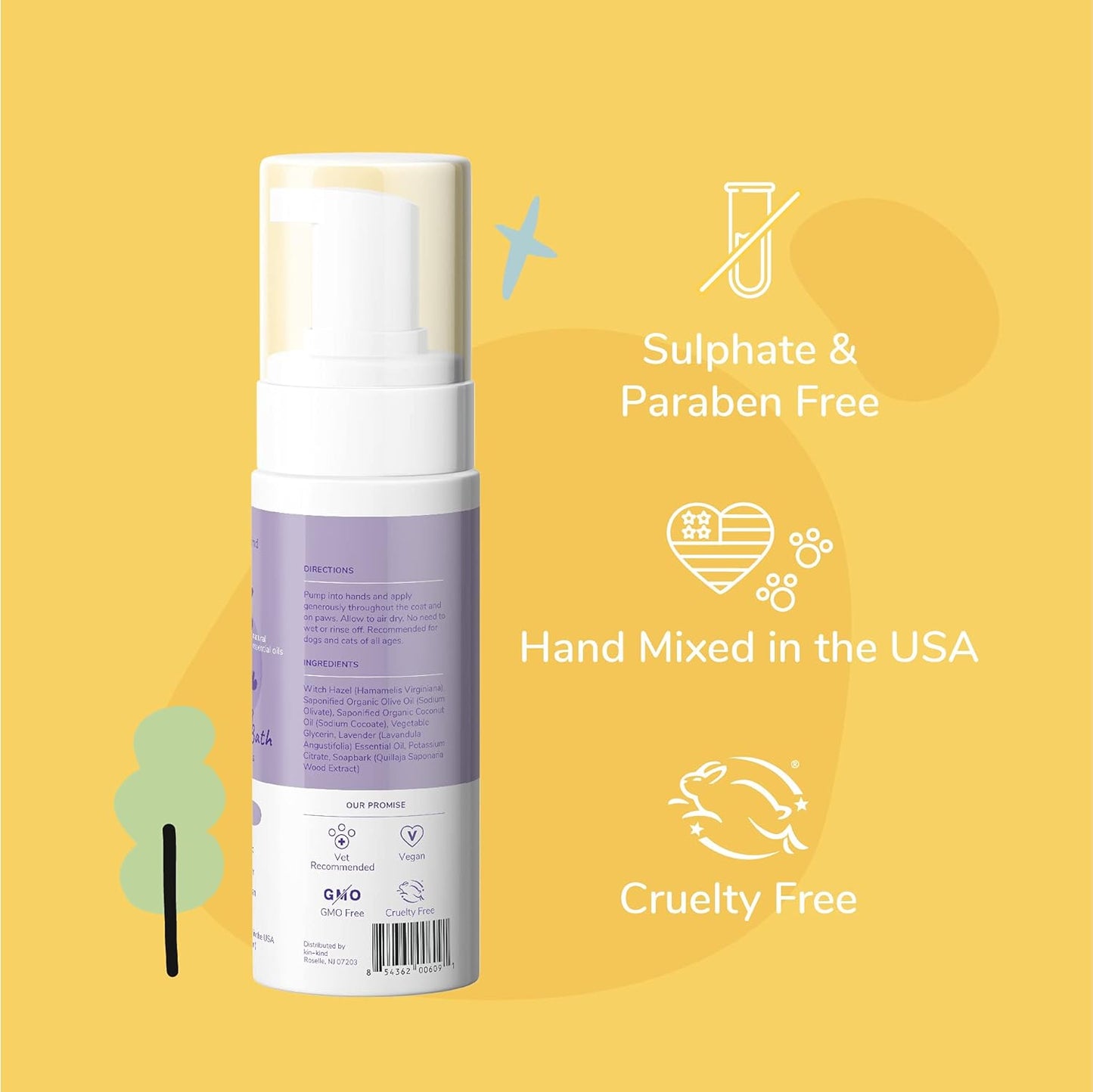 kin+kind Waterless Dry Shampoo for Dogs - Rinse-Free, Eliminate Itch and Odor, Natural Formula with Witch Hazel, Coconut Oil, Olive Oil and Lavender - Made in USA