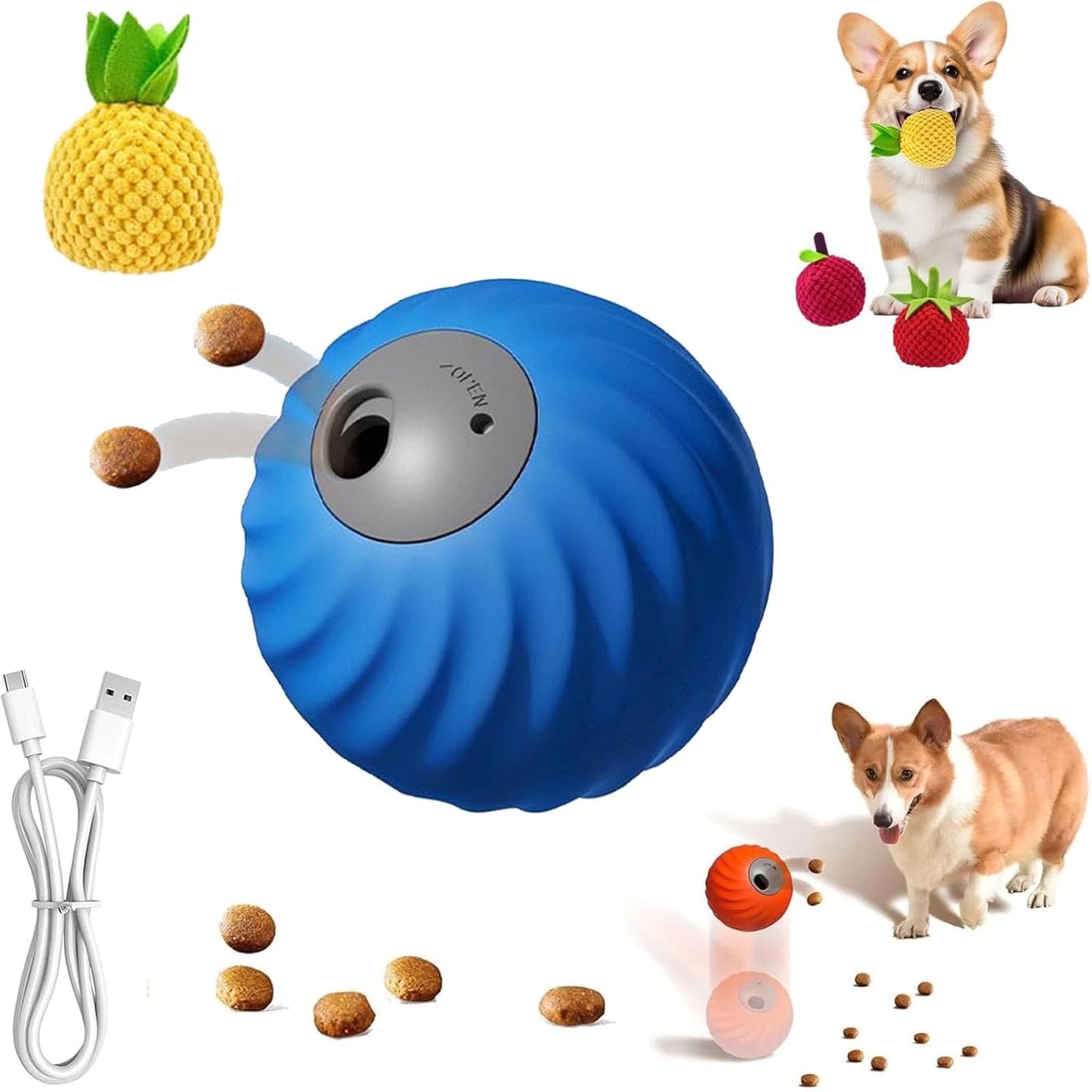 Zoomie Buddy 2.0, Zoomie Buddy for Dogs, 2 in 1 Smart Touch Interactive Dog Balls ＆ Pet Feeder, 2.83" Diameter, Suitable for Small/Medium Dogs, with Fruit Plush Cover (Blue, Pineapple)