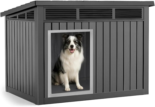 Dog House Indoor Outdoor,Resin Waterproof Puppy Shelter with Air Vents and Elevated Floor,Air Rod on Top to Open,Dog Kennel for Small to Medium Dogs(Black,32.2 * 25.12 * 24.13)