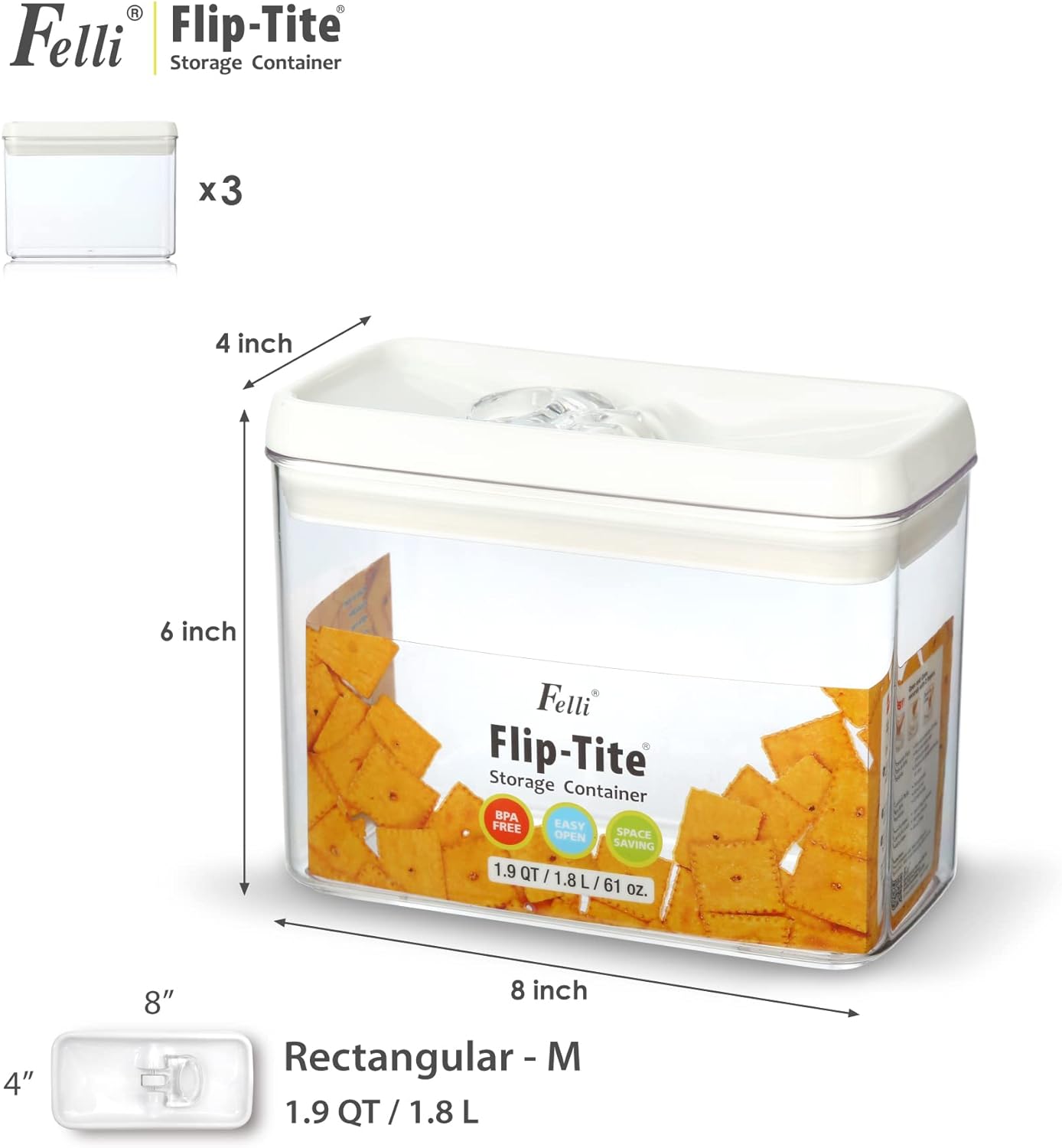 Felli Flip Tite Storage Container with Lid 4” RECTANGULAR Airtight Ring Flip Top, Stackable Kitchen Counter Pantry Organizer Acrylic Canister Jar for Pasta Spaghetti Cereal Granola Coffee (1.9qt)