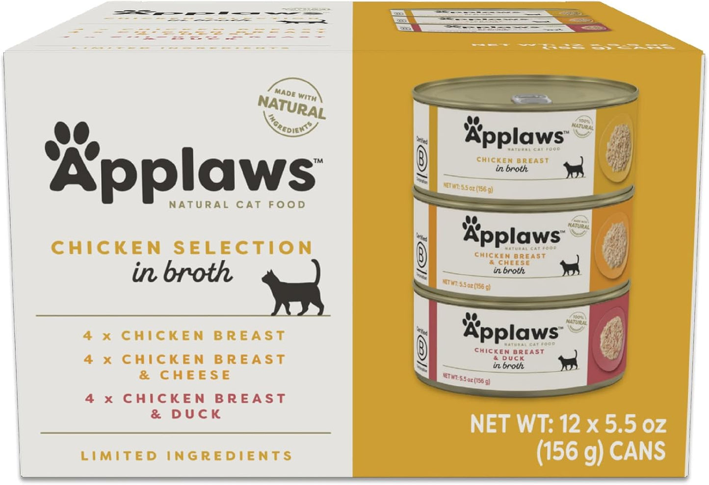 Applaws Natural Wet Cat Food in Broth, Made with Limited and Natural Ingredients, Chicken Selection Variety Pack in Broth (12 x 5.5oz Cans)
