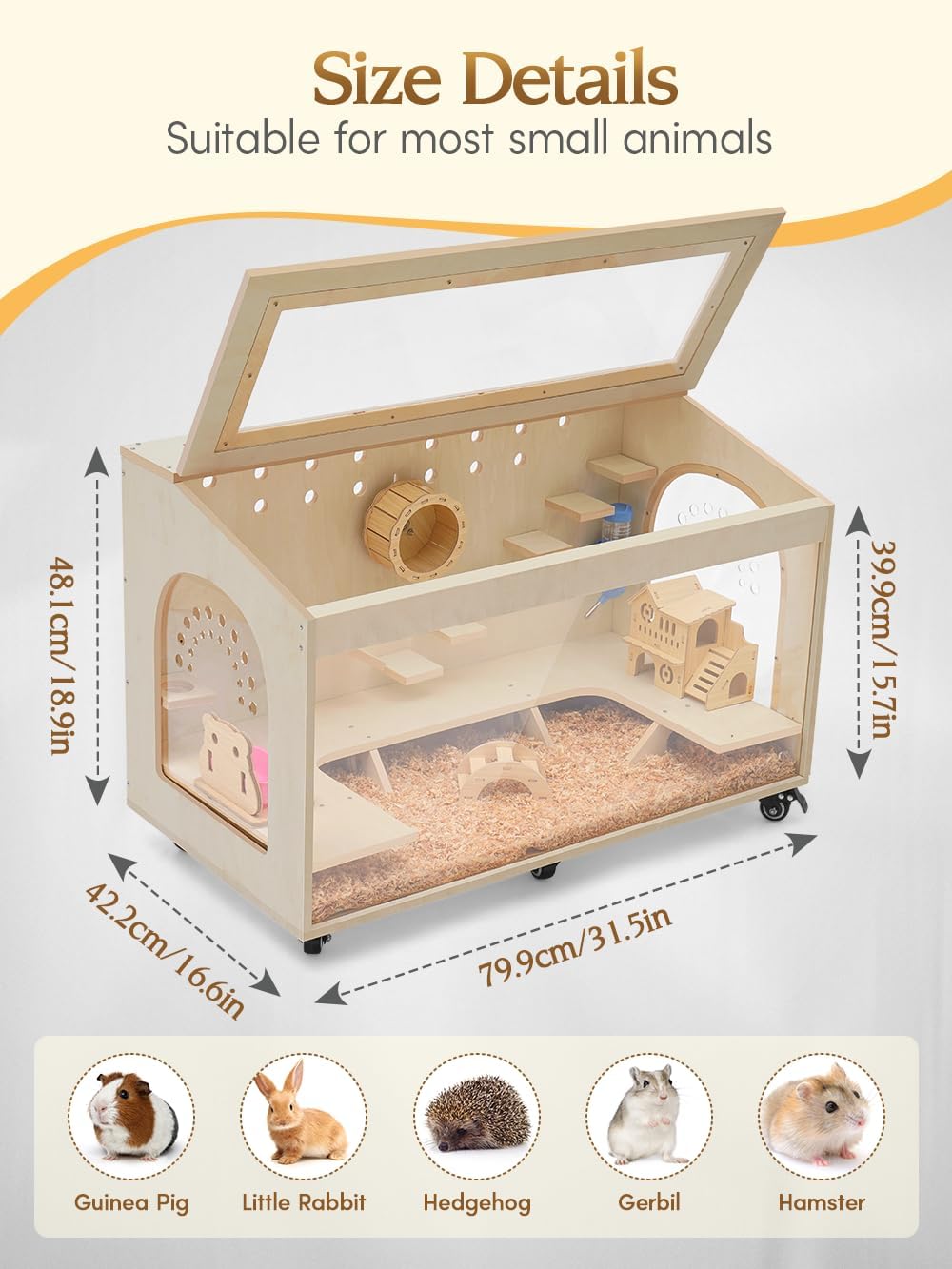 Hamster Cage Large 32 inch Guinea Pig Cages Hamster Cages Enclosure and Habitats Mice Rat Cage with Platform Openable Top Acrylic Sheets Wooden Chewproof Small Animal Cage for Hedgehog Mouse Gerbil