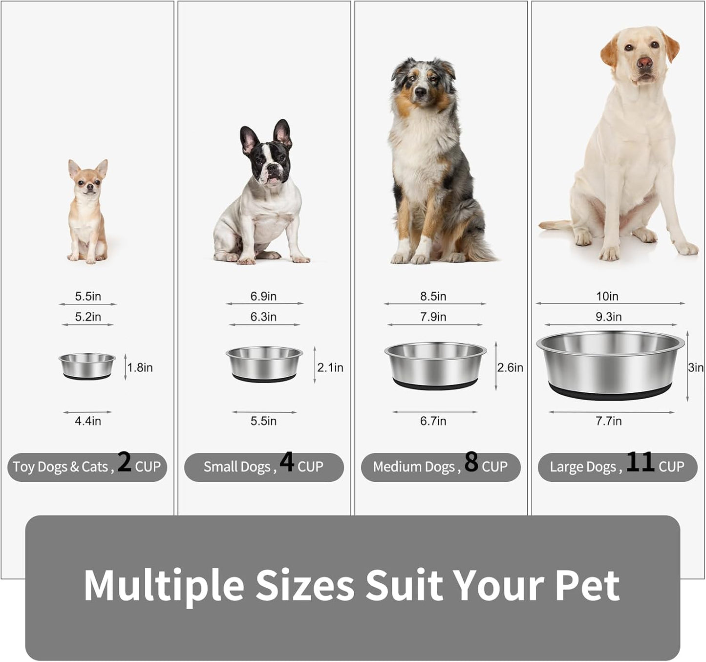 Taglory 2 Cup Stainless Steel Dog Bowls Set of 2 for Food and Water, Silicone Base Anti-Slip, Rust Resistant, Extra Thick Metal Dog Bowl for Cats and Puppies, 17oz, Black