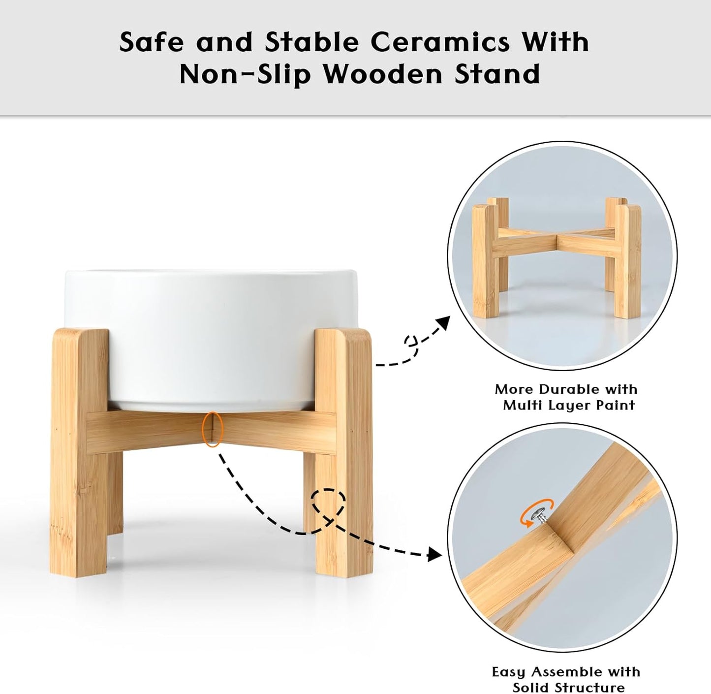SPUNKYJUNKY Ceramic Elevated Dog Bowls 2 Pack - 8.3inch Raised Dog Bowls with Non-Slip Wooden Stand for Large Dogs Dishwasher Safe(White,60OZ*2)