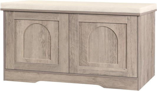 DINZI LVJ Shoe Bench, Entryway Storage Bench with Doors, Cushion, 2-Tier Shoe Rack with 6-Cubby, 31.5”L x 13.8”W Shoe Organizer Cabinet, Adjustable Shelf, Living Room, Bedroom, Greige