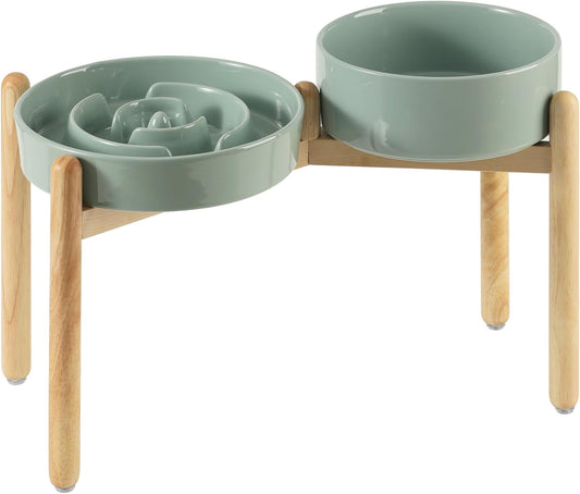 Ceramic Raised Slow Feeder Dog Bowl Set, Elevated 8.2inch Bowl and 9.5inch Puzzle Slow Food Dish with Wooden Stand for Large Dog, Anti-Gulping (2X Light Green+ Stand)