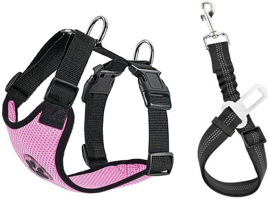SlowTon Dog Seat Belt Harness for Car, Dog Car Harness Adjustable Mesh Breathable & Dog Seatbelt Safety Tether with Elastic Bungee for Small Medium Large Pets(Pink, Single Clip, S)