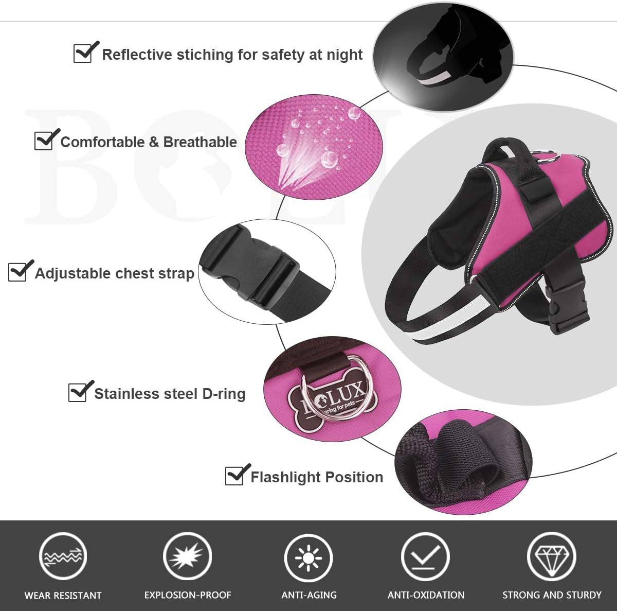 Bolux Dog Harness, No-Pull Reflective Dog Vest, Breathable Adjustable Pet Harness with Handle for Outdoor Walking - No More Pulling, Tugging or Choking (Rose red, L)