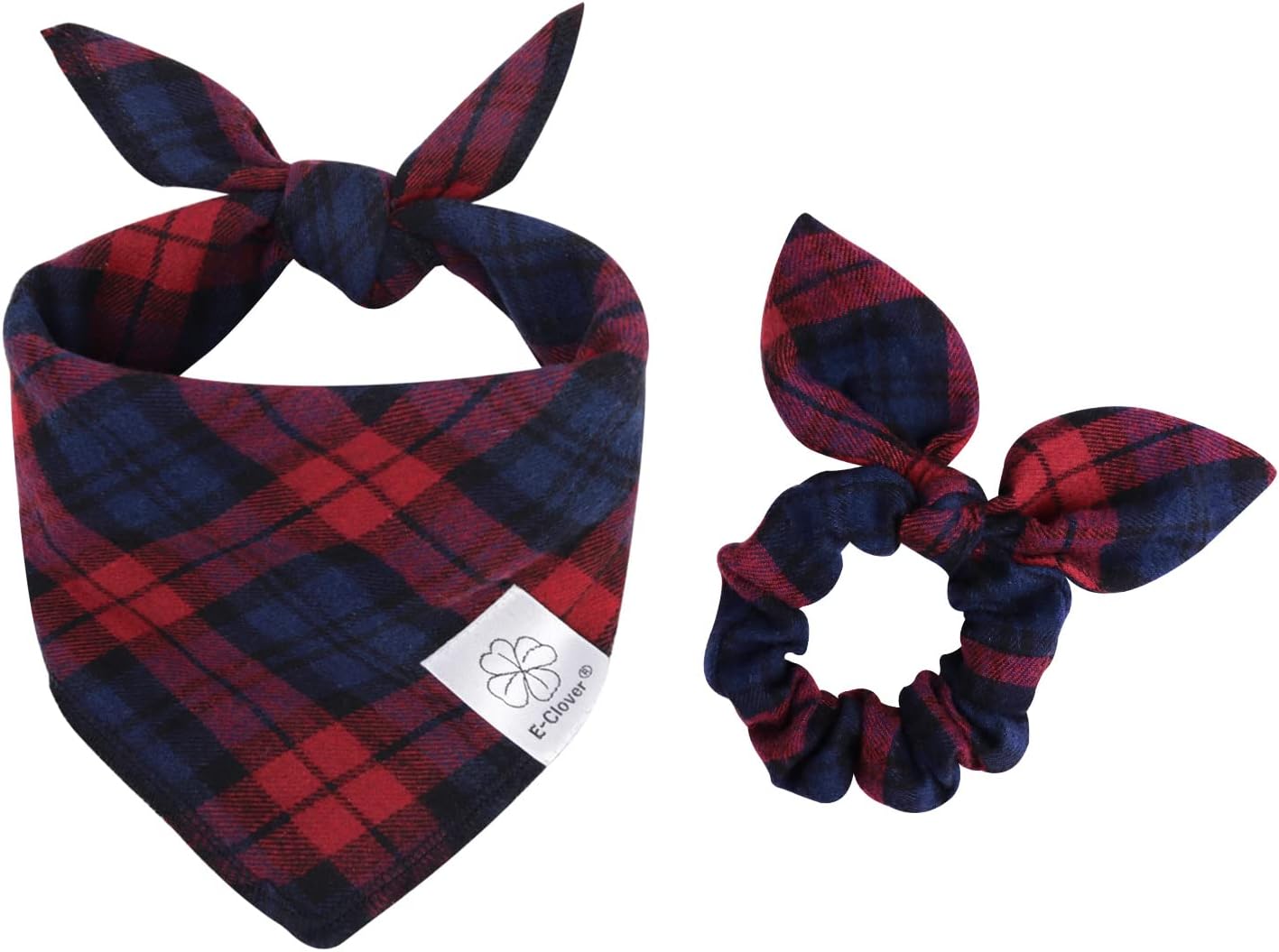 E-Clover Dog Bandanas & Matching Scrunchie Set Plaid Dog Scarf Bibs Pet Handkerchief for Small Dogs Puppy Owner Gifts Red Blue