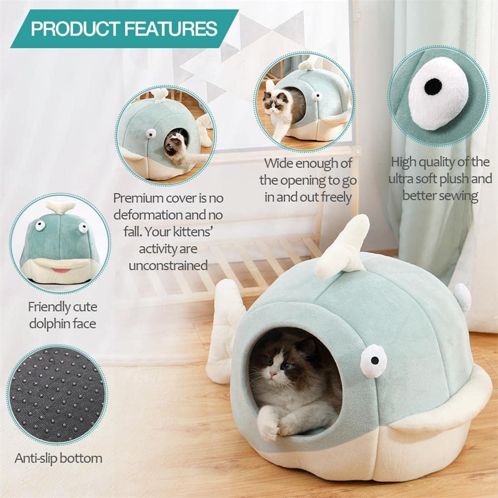 Lcybem Cat Beds for Indoor Cats - Cat Bed Cave with Removable Washable Cushioned Pillow, Calming Cozy Soft Cat Cave, Cute Friendly Dolphin Cat Houses for Indoor Cats No Deformation Pet Bed, L