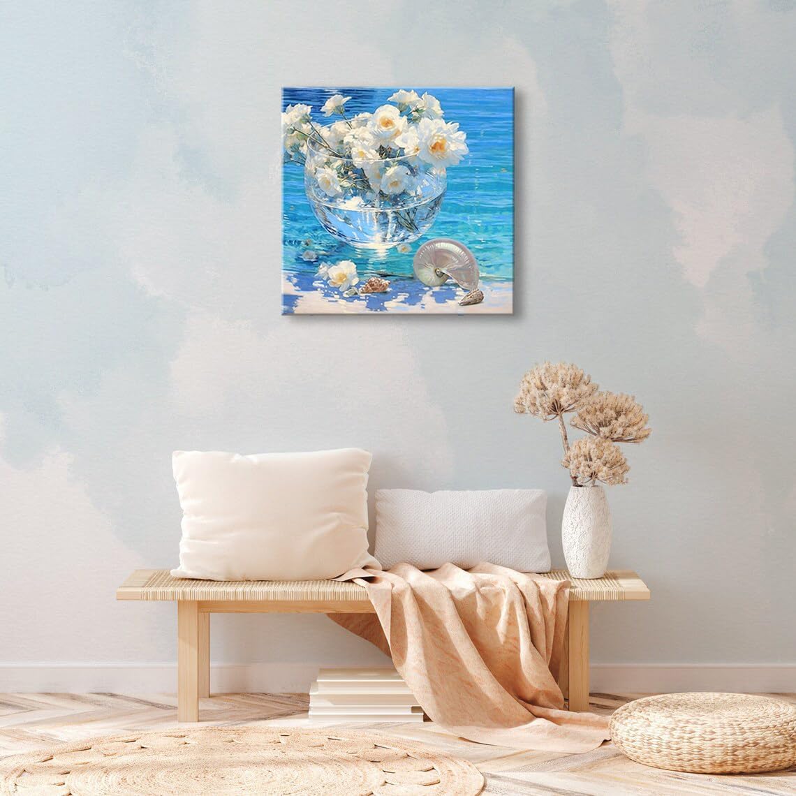 weiyiart Blue Ocean Wall Art Canvas Print Coastal Beach Painting with White Flowers & Shell Oil Painting Seascape Picture Decor for Living Room, Bedroom 24x24 inch