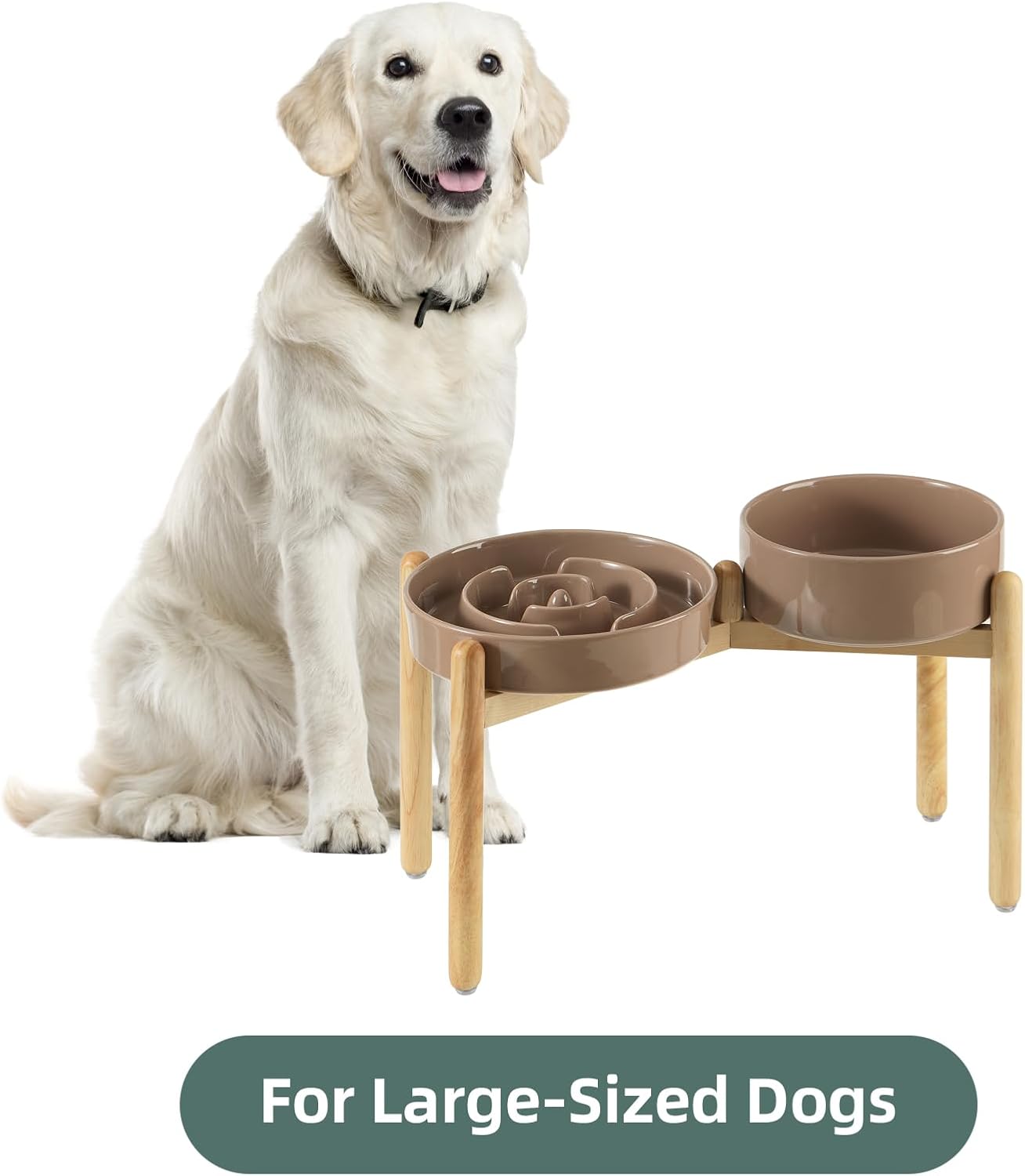 Ceramic Raised Slow Feeder Dog Bowl Set, Elevated 8.2inch Bowl and 9.5inch Puzzle Slow Food Dish with Wooden Stand for Large Dog, Anti-Gulping (2X Brown Coffee+ Stand)