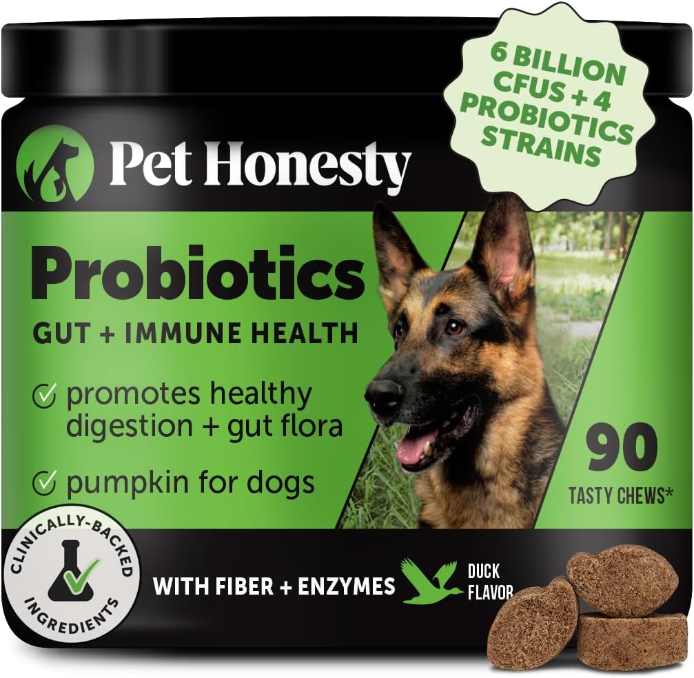 Pet Honesty Probiotics for Dogs for Occasional Diarrhea & Bowel Support, Digestive Enzymes with Prebiotics for Gut Health for Dogs, Immunity Health & Itch Relief (Duck 90 ct)