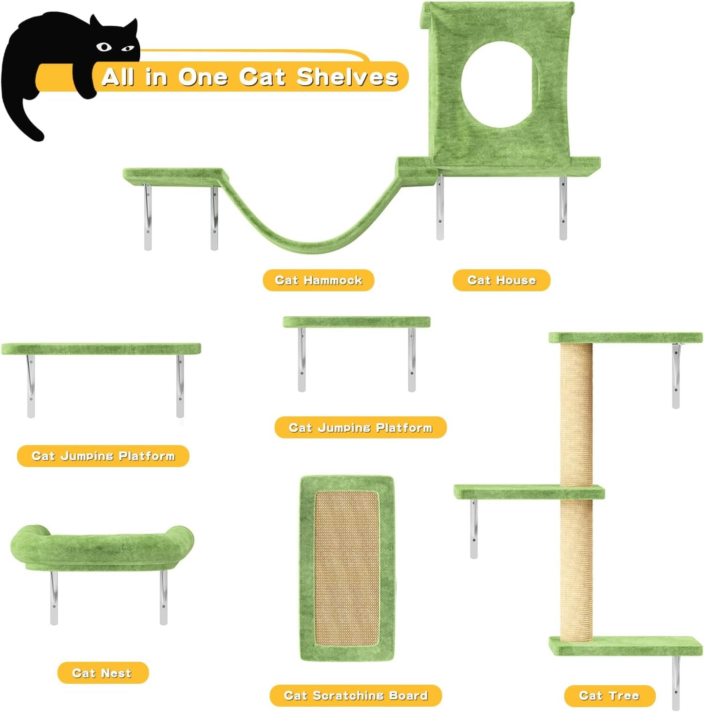 NUNU LAB Wall Mounted Cat Furniture, 6 Pcs Cat Wall Shelves with Condo House, Bridge, Steps, Scratcher, Hammock, Indoor Safe & Stable Furniture for Kittens Play, Green