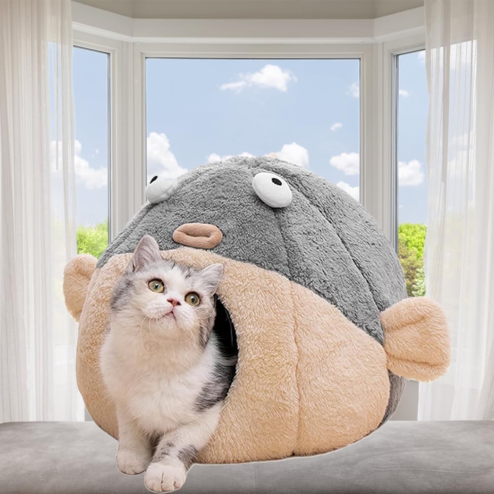 Cat Beds for Indoor Cats - Cute Animal-Shaped Cat Cave Bed for Larger Cat&2 Cats,Super Soft Calming Cat Tent for Kitten&Puppy,Small Dog,Warm Plush&Machine Washable&Removable Cotton Pad (Gray XL)