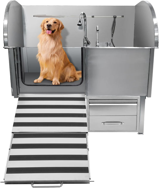 Professional Dog Grooming Tub, 50" Stainless Steel Dog Wash Station with Foldable Ramp, Storage Drawer, Floor Grate & Faucet/Dog Bathtub for Large, Medium & Small Pets - Left Door (50")