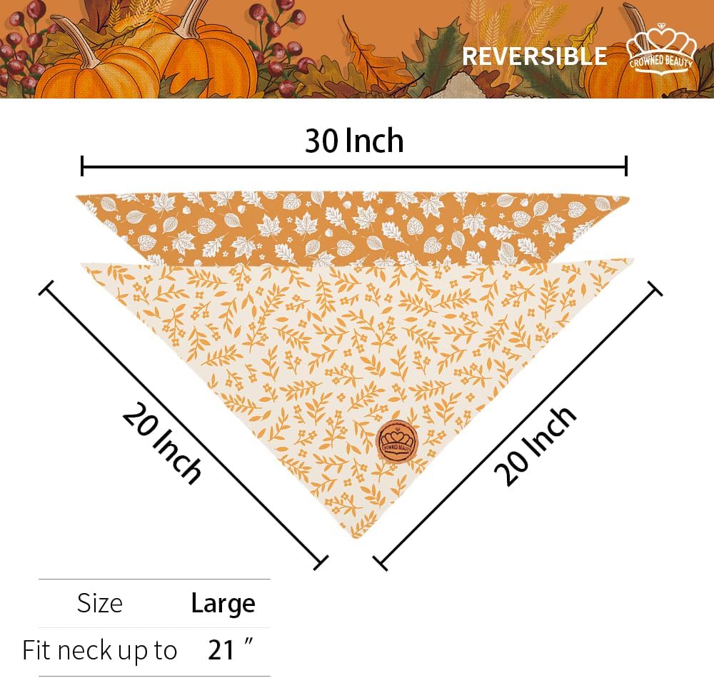 CROWNED BEAUTY Fall Dog Bandanas Reversible Large 2 Pack, Floral Leaf Set, Orange Adjustable Triangle Holiday Scarves for Medium Large Dogs Boy Girl Pets DB181-L