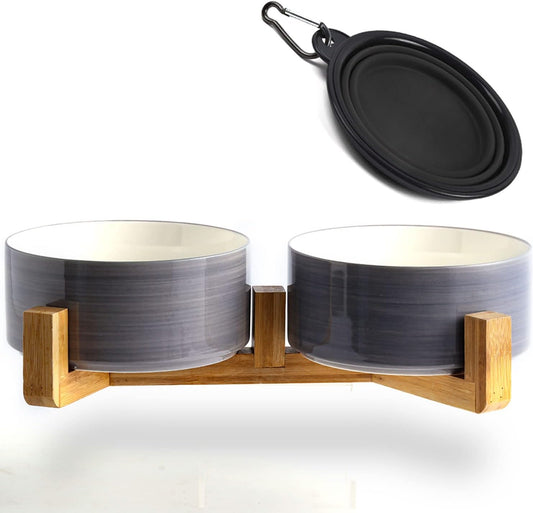 Petygooing Dog Bowls,Ceramic Cat Dog Bowl Set with Wood Stand for Food and Water,Non-Slip Weighted Cute Pet Dish Set for Cats and Medium Size Dogs (28OZ/6.1 in) Grey White