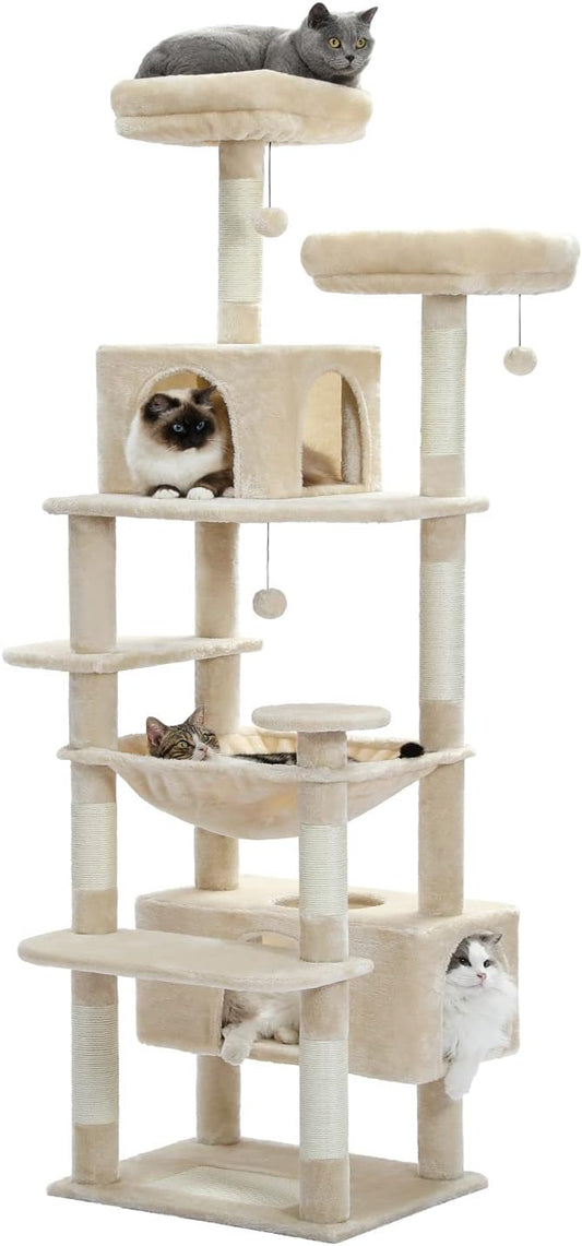 PAWZ Road Large Cat Tree, 72 Inches Cat Tower for Large Cats, Cat Condo with Sisal-Covered Scratching Posts and Pads, 2 Padded Perch, Dual Condo and Basket for Indoor Cats-Beige