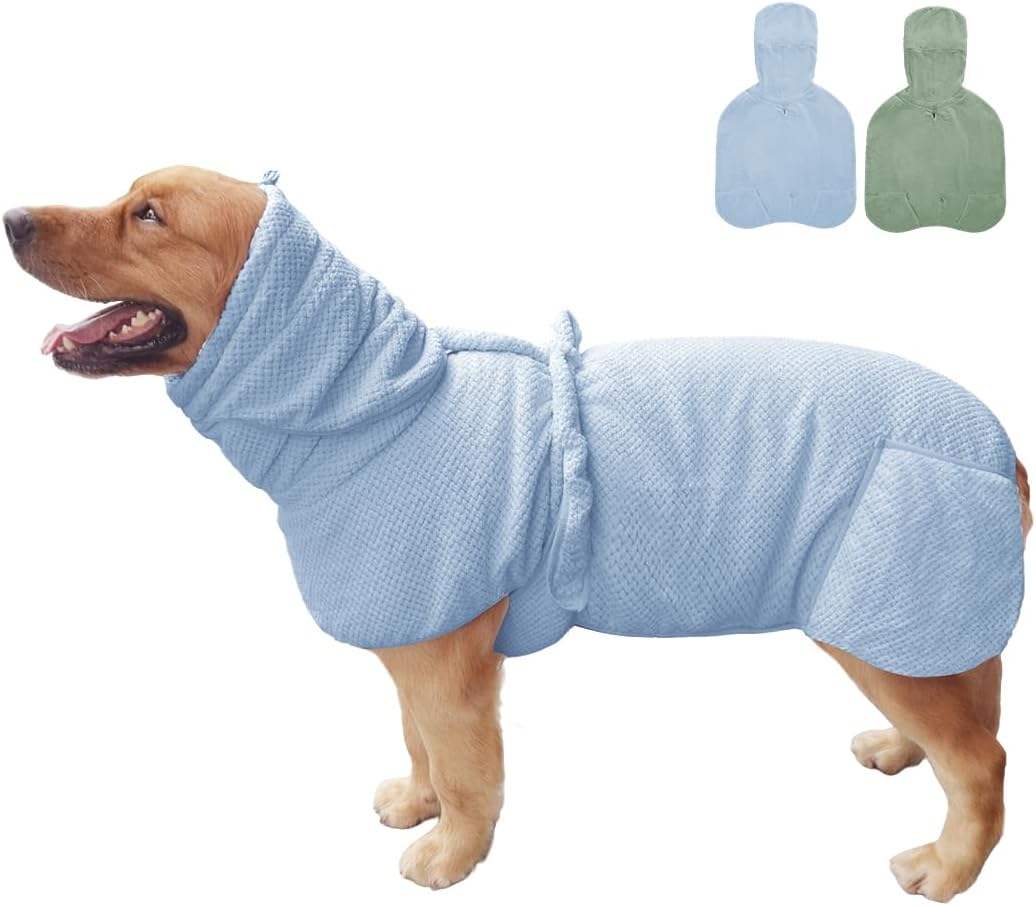Medium to Large Size Dog Bathrobe, Quick Drying Super Absorbent Used for After Bathing, Warm Dog Towels, Adjustable Hoodies and Belts for Pet Dogs Bath Clothes Products (Blue Jacquard, 4XL)