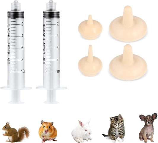 Pet Feeder Syringe, Newborn Animal Feeder Syringe Pet Feeding Nursing Syringe Silicone Feeding Pacifier,Pet Feeding Nipple for Kitten and Puppy (2x10ml Feeder &1S+1M+2L Nipples)