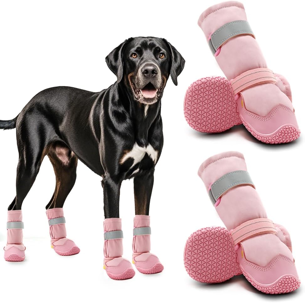 Hcpet Dog Shoes, Dog Boots & Paw Protectors for Winter Snowy Days, Rainy Weather, Outdoor Anti-Slip Sole Dog Booties for Hardwood Floor Pink-Leg 1