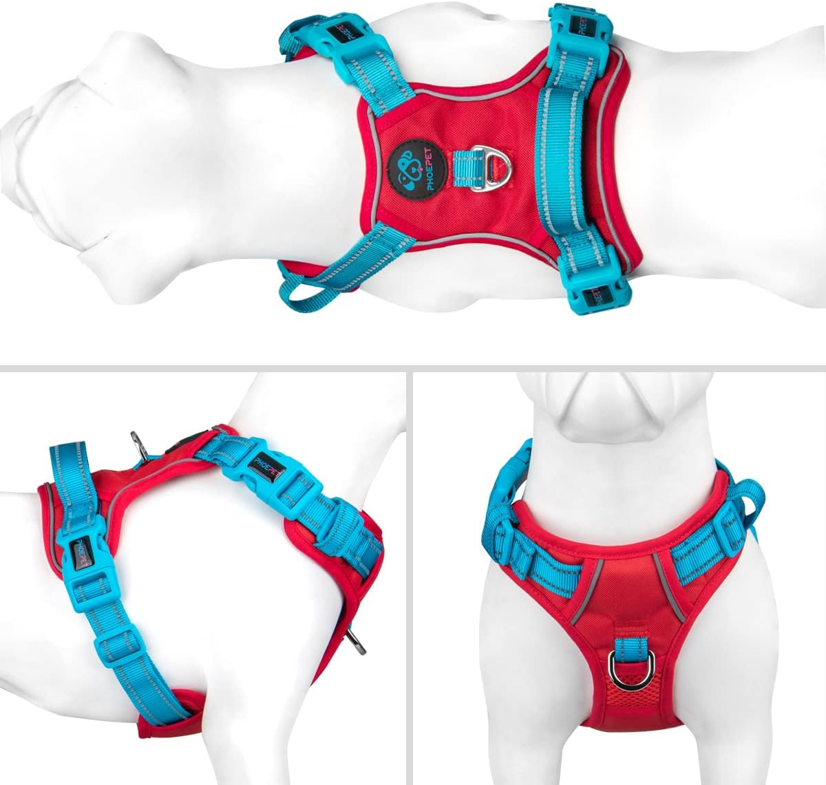 PHOEPET No Pull Dog Harness, Unique Colors Reflective Adjustable Dog Vest, with Soft Training Handle Metal Clips for Small Medium Large Dogs (Red Base & Teal Straps,L)