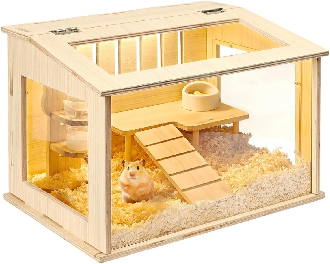 Small Wooden Hamster Cage for Dwarf Hamsters, 15.8" Portable Habitat with Acrylic Panels & Openable Top, Includes Water Bottle & Platform for Robo, Winter White Hamsters & Campbell’s Dwarf Hamsters