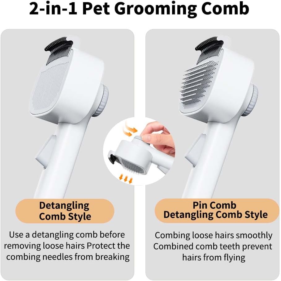 Marchul 2-in-1 Cat Grooming Brush, Cat Brushes with Release Button & Deshedding Dematting Rake, Grooming Comb Tool for for Long or Short Haired Pets, Reduce Shedding, Remove Knots and Massage, White