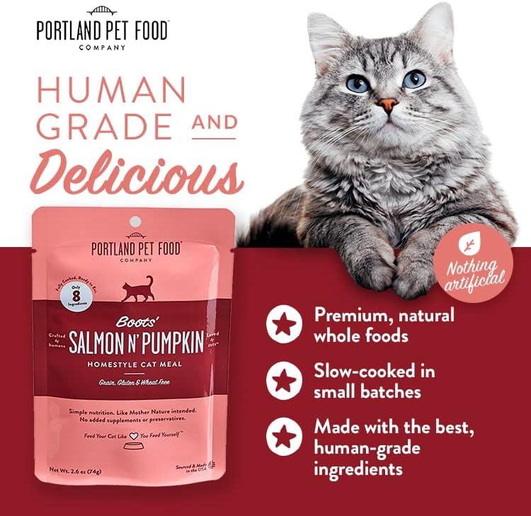 Human-Grade Mixed Variety Pack Wet Cat Food Pouch Boots' Salmon N' Pumpkin - Moist, Soft Cat Food Mixer, Topper, and Rotational Meal by Portland Pet Food Company -12 Pack