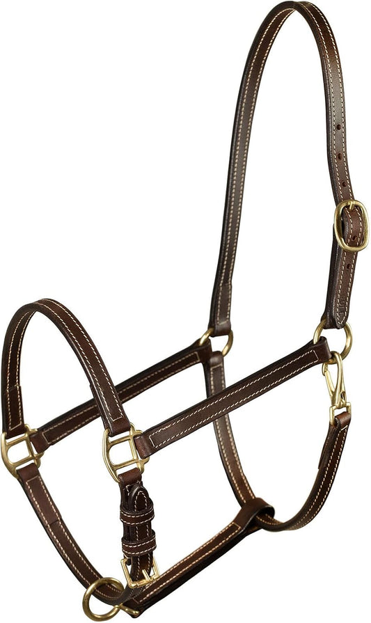 HORZE Fremont Soft Synthetic Leather Horse Halter | Fully Adjustable with Brass Hardware & Contrast Stitching - Brown - Horse
