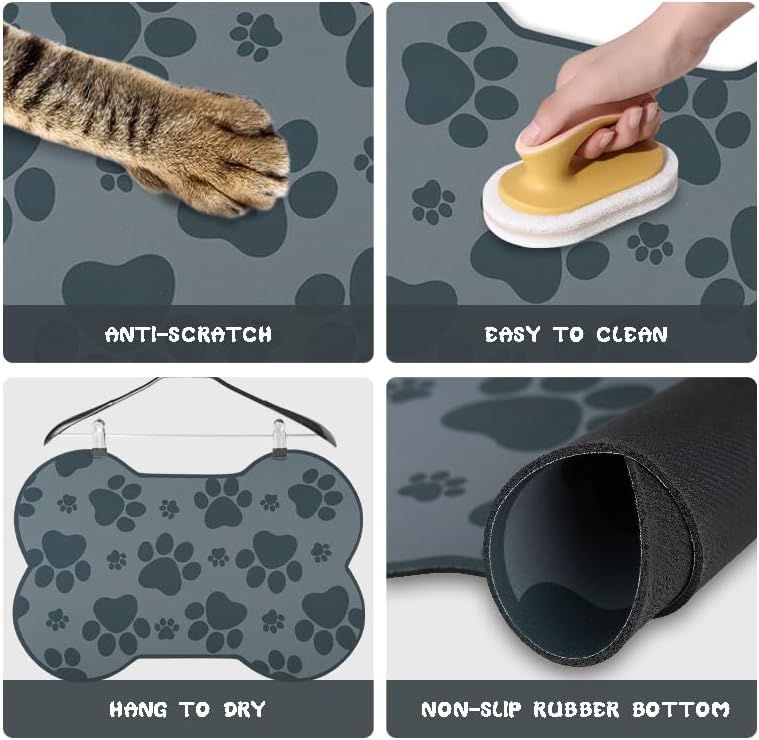 Dog Food Mats for Floors Waterproof, Pet Feeding Absorbent Water Bowl Mat Cat Placemats Gray Bone Shape 19 * 12 inch