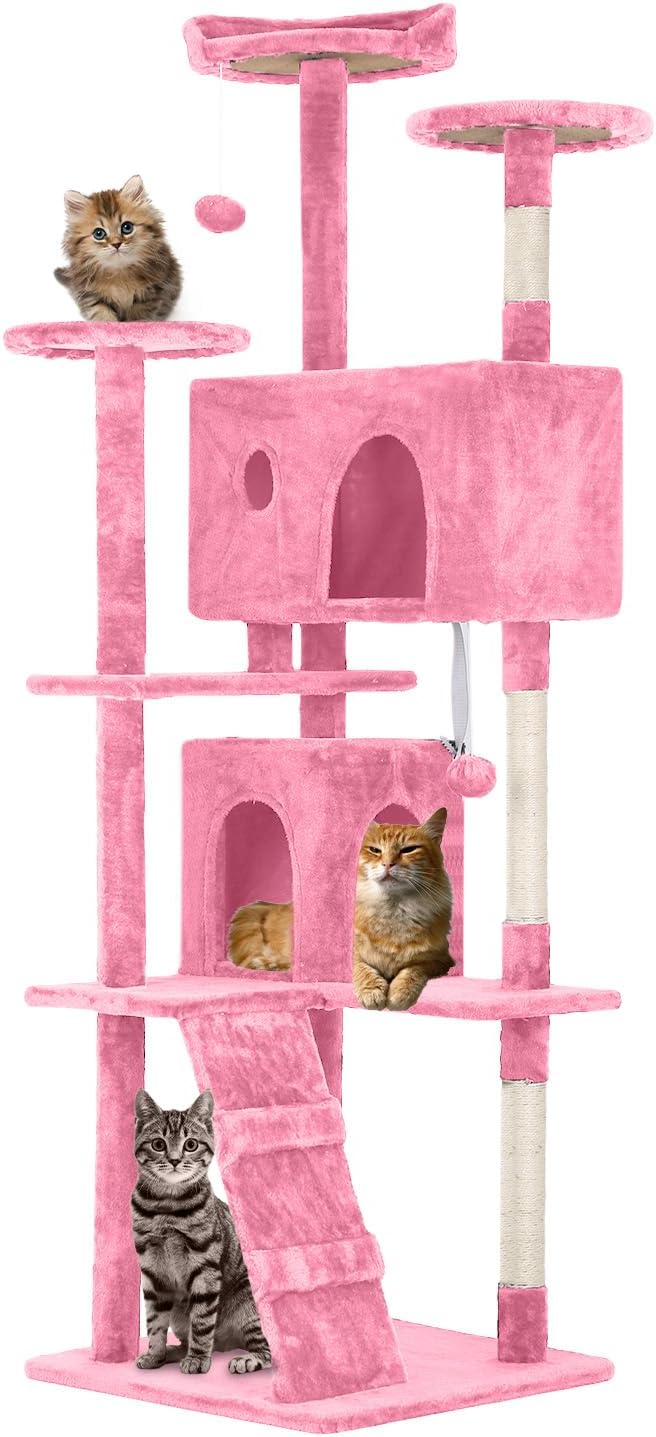 FDW Cat Tree 70in Cat Tower Multi-Level Durable Cat Scratching Post & Cozy Fun Cat Jumping Platform Space Saving Cat Condo Pet Play House for Indoor Cats,Pink