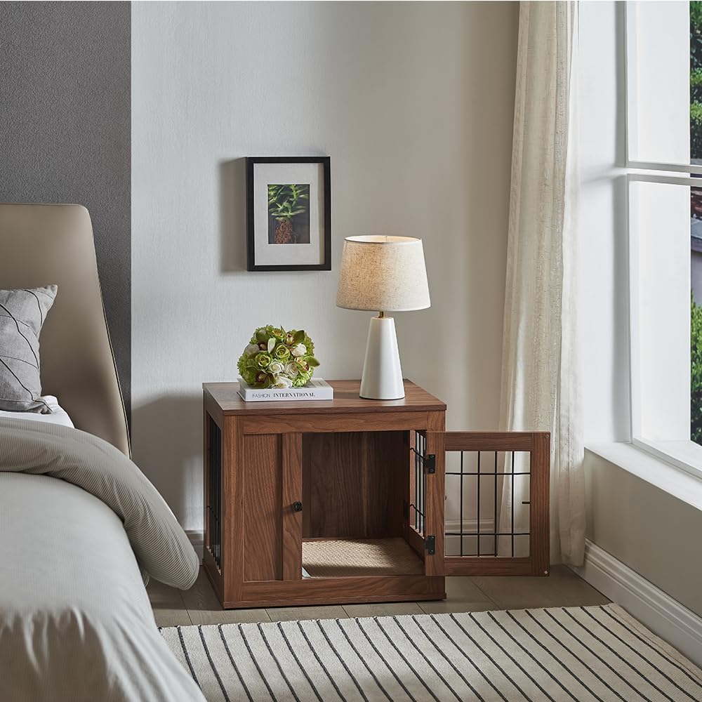 unipaws 25.5 Inch Furniture Style Dog Crate for Small Dogs, Cats, Min Pigs, Rabbit, Indoor Aesthetic Puppy Kennel, Modern Decorative Wood Wire Cage, Pretty Cute End Side Table Nightstand, Walnut