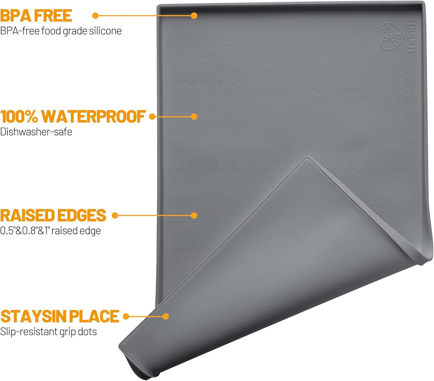 Hubulk Dog Feeding Mat,100% Waterproof Food Grade Silicone Pet Food and Water Bowl Placemat,Dishwasher, High Raised Edge to Prevent Spills,Nonslip Tray to Stop Messes on Floor（28"x18"x0.8", Grey）