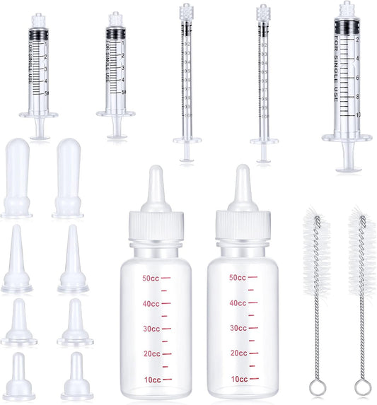 17 Pieces Pet Nursing Bottle Kit Including 2 Pet Feeding Bottle, 8 Replacement Feeding Nipples, 5 Dog Nursing Syringes in 1 Ml, 5 ml and 10 Ml, 2 Cleaning Brushes for Kittens, Puppies, Rabbits