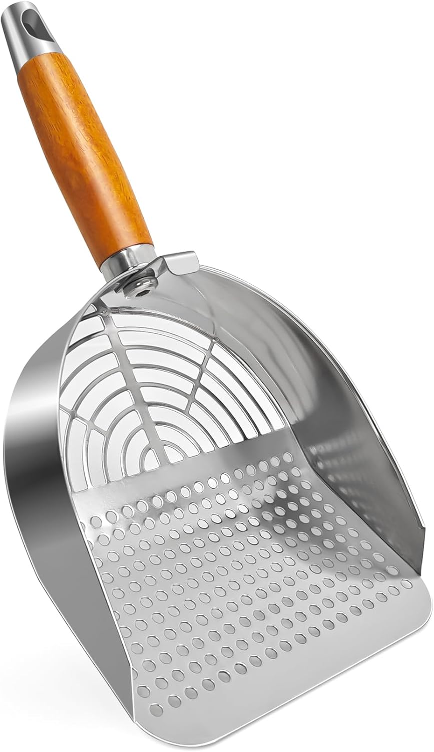 Cat Litter Scoop, Litter Scooper, Metal Cat Litter Scoop, Stainless Steel Cat Litter Scoop, Kitten Pooper Lifter, Kitty Metal Scooper with Holder for Cat Litter Box Round Holes Easy Cleaning