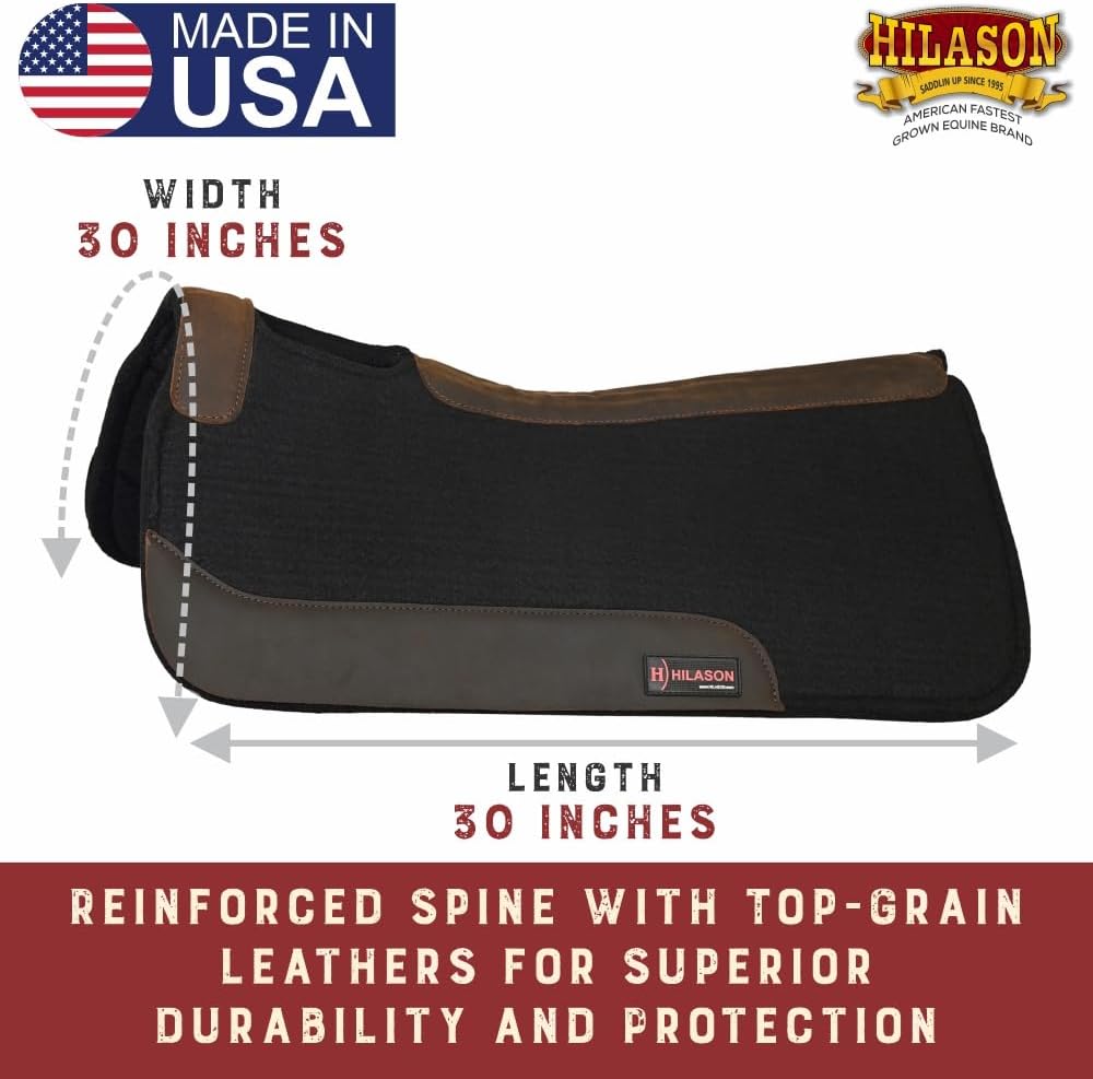 HILASON Western Wool Felt Horse Saddle Pad W/Distressed Wear Leather Made in USA | for Horses