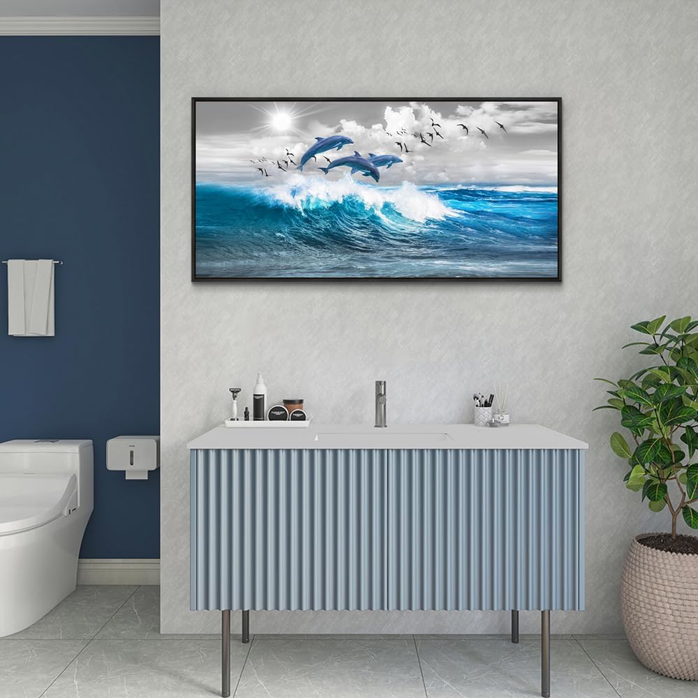 Wapluam Black Framed Wall Decor For Living Room Large Wall Art For Bedroom Blue Waves Of The Sea Wall Pictures Artwork Modern Office Canvas Art Print Dolphins Wall Paintings Ready To Hang 20 X 40