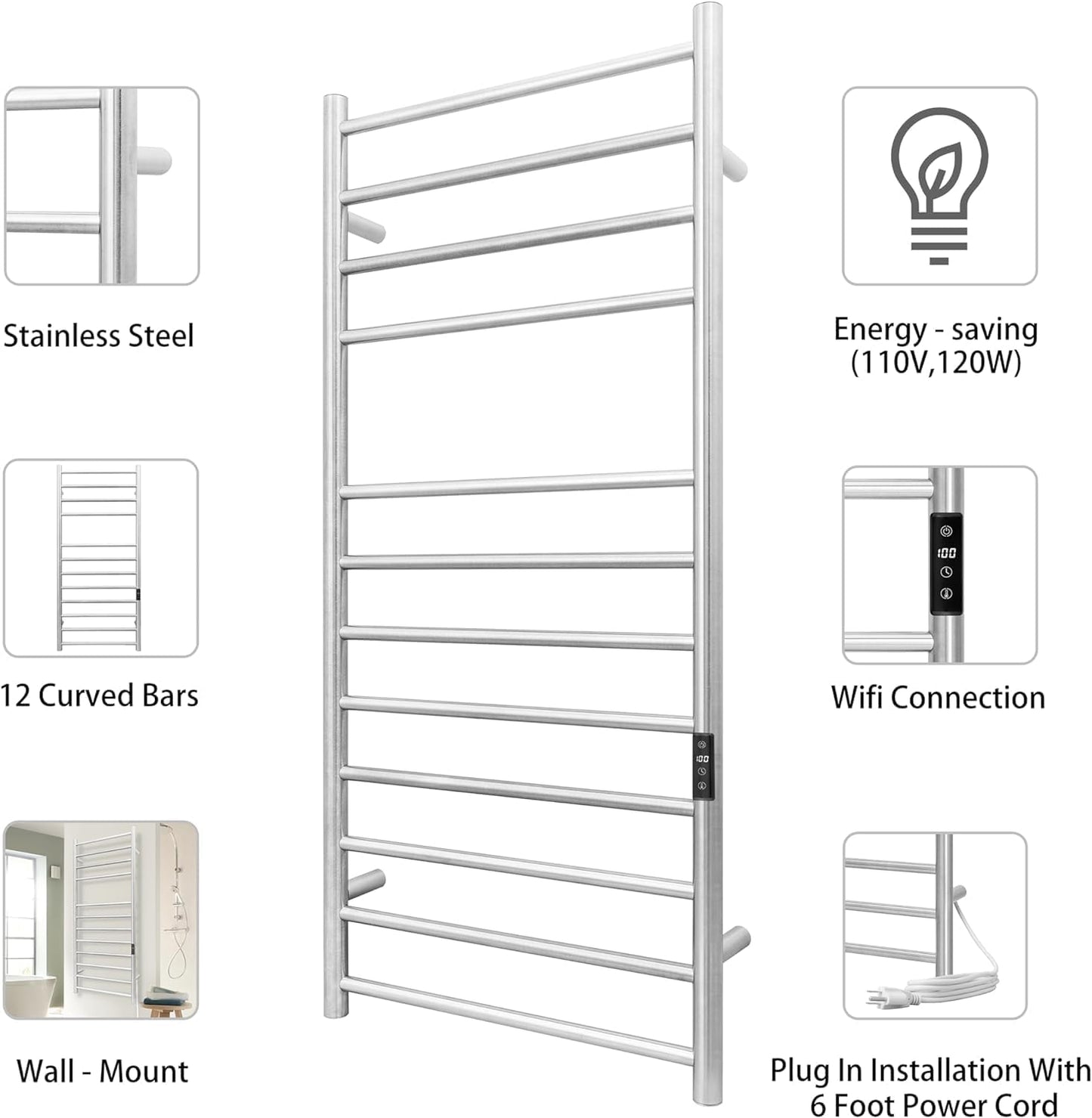 KEG Smart WiFi Towel Warmer Wall Mounted with Built-in Timer and Temperature Adjust Control, 12 Bars Electric Stainless Steel Heated Towel Racks for Bathroom Brushed Nickel