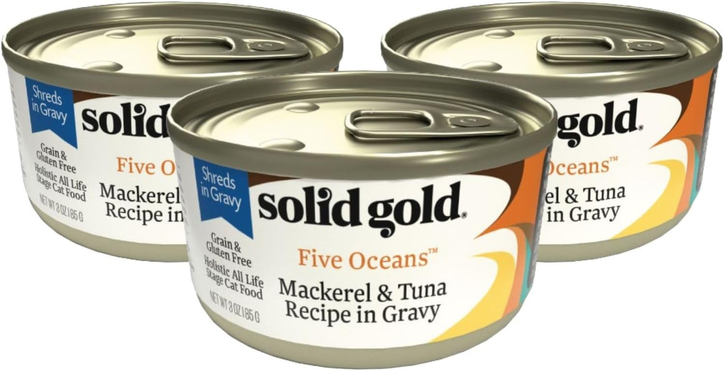 Five Oceans Solid Gold Wet Cat Food Shreds in Gravy - 3 Count Sample Pack - Real Tuna & Mackerel Cat Food for All Ages - Grain Free, Sensitive Stomach