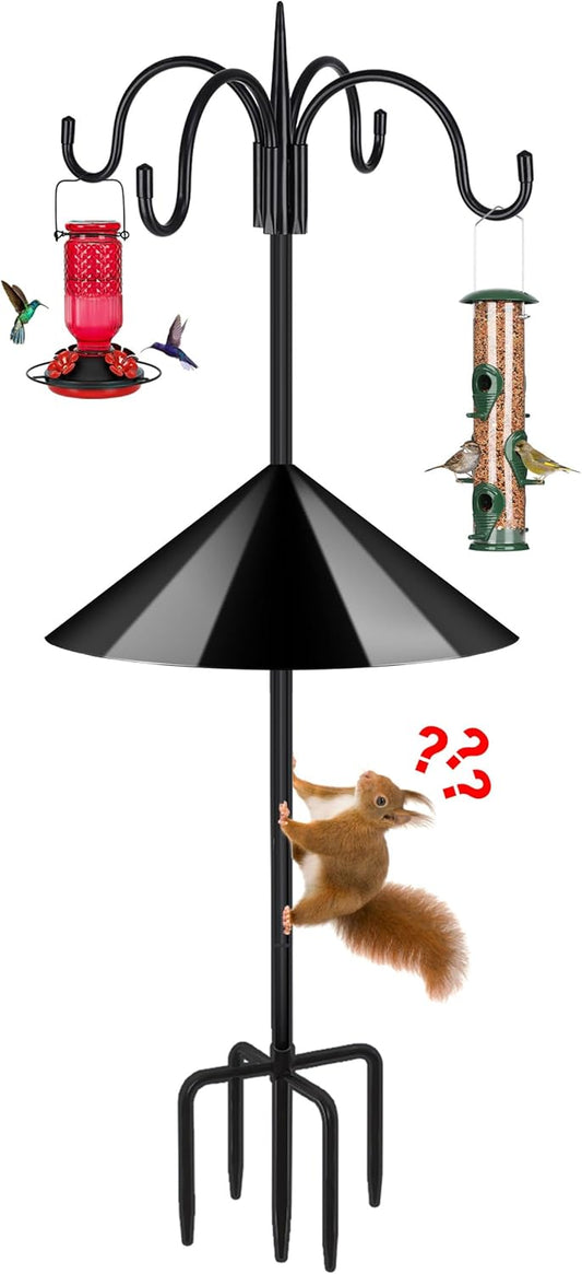 FEED GARDEN 92 Inch Adjustable Shepherd Four Hooks with Squirrel Baffle Heavy Duty Garden Hooks 5-Prong Base Bird Feeder Pole for Hanging Plant Baskets Solar Lights Lanterns