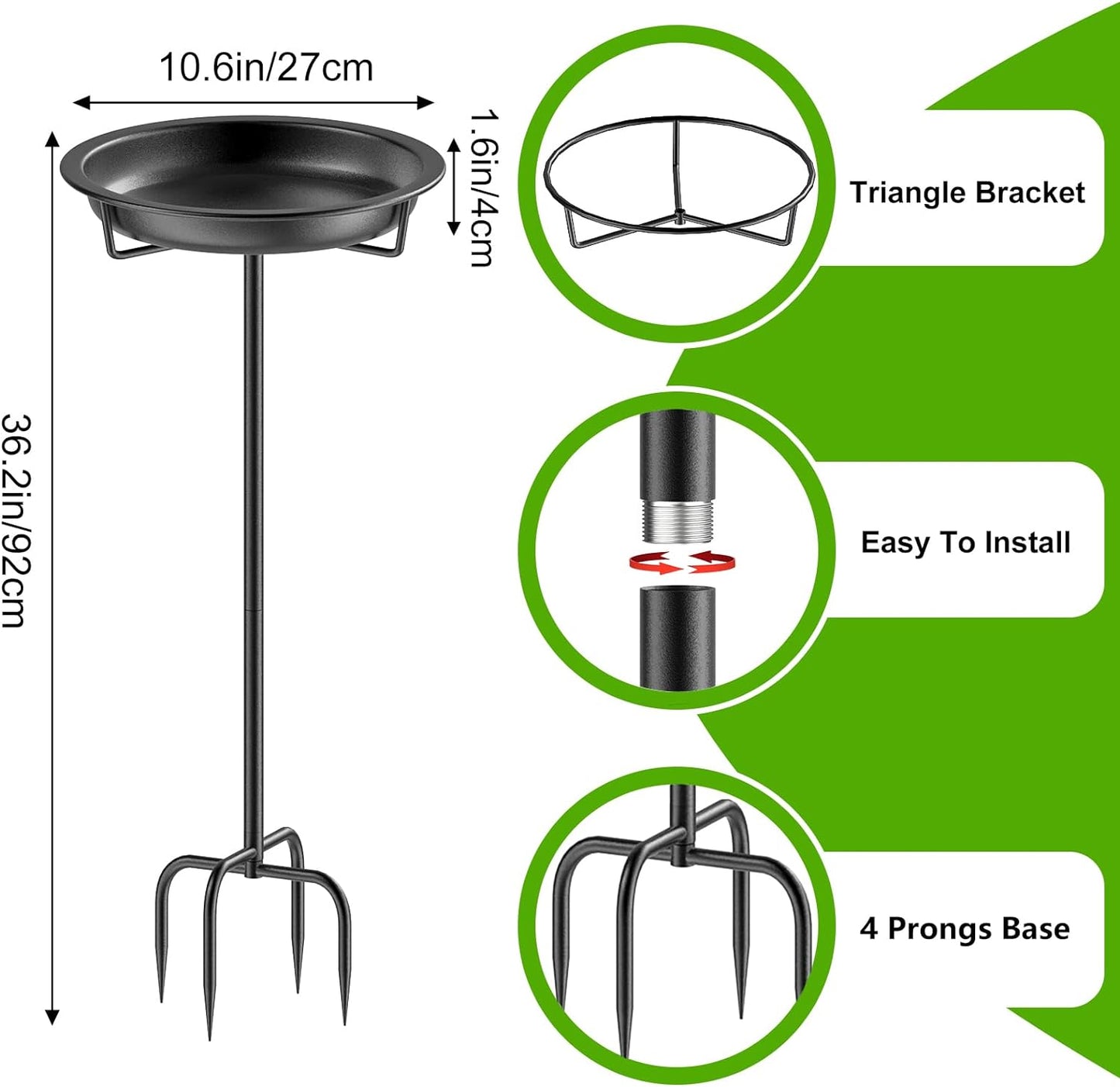Metal Bird Bath for Outside Garden Birdbath Bowl, 36.2" Height Freestanding Bird Feeders for Outdoors with 4 Prongs Base Stake, Standing Birdfeeders for Yard Lawn Decor (Black)