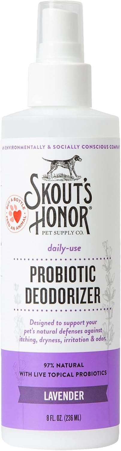 SKOUT'S HONOR Probiotic Pet Deodorizer Spray- Hydrating Daily-Use with Avocado Oil & Omega-3s, Microbiome Friendly Certiified, Paraben & Sulfate-Free, 97% Natural, 8oz, Lavender