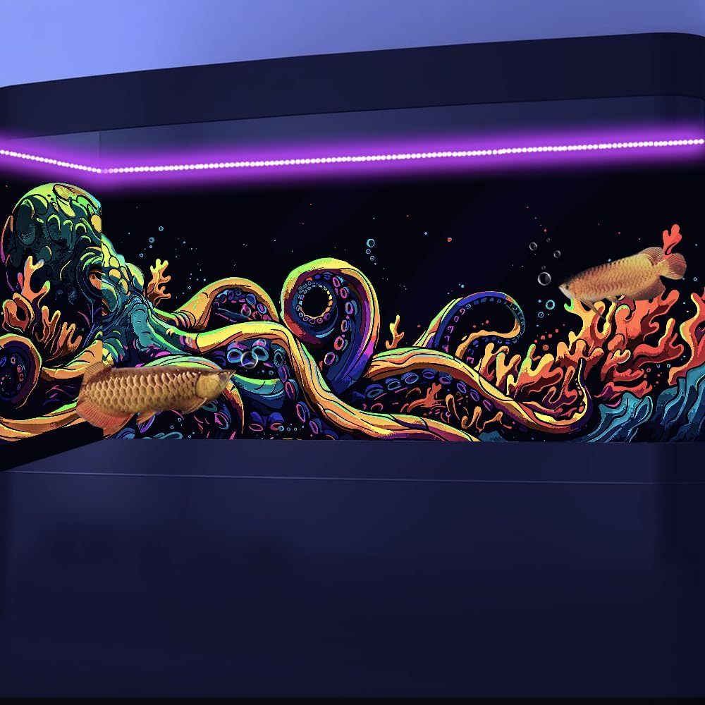 60X24IN Blacklight Octopus Sea Monster HD 3D Black Light Aquarium Background UV Reactive Background Terrarium Background with 10 EVA Double-Sided Tape