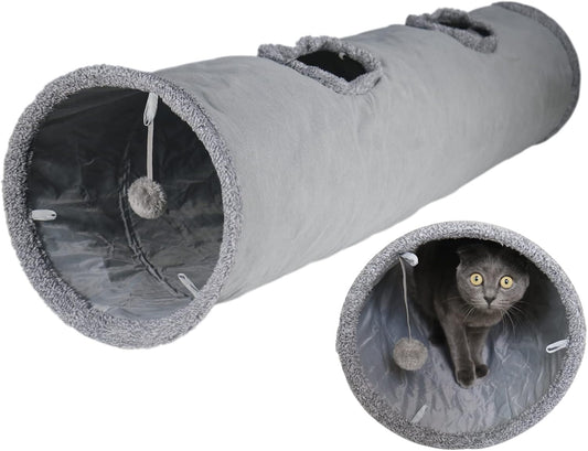 Cat Tunnel for Indoor Cats, 51×12 inch Foldable Big Cat Tunnel, Grey Suede Pet Tunnels with Two Peepholes and a Bubble Ball