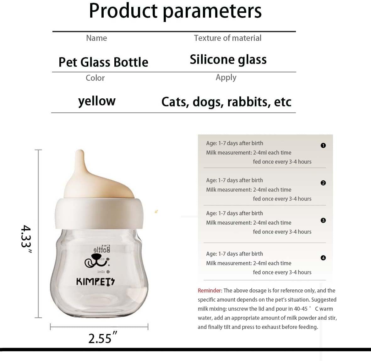 Silicone Kitten Nursing Bottle - Feeding Bottle with Nipples for Newborn Kittens, Puppies, & Small Animals, Milk Feeding Supplies for Baby Pets, Yellow & Green Feeder