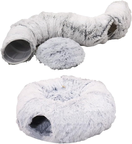 Cat Tunnel with Bed for Indoor Use Under Christmas Tree Soft Plush Cat Cave Donut Tunnel, Multifunctional Playground Toys Hideplace for Kittens, Rabbit, Ferret (Grey)