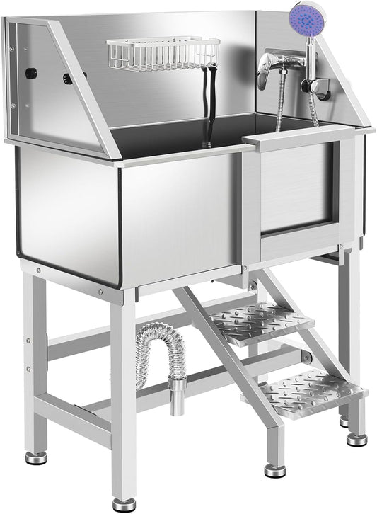 Professional Stainless Steel Dog Grooming Bathtub Station Wash Shower Sink with Faucet Walk-in Ramp and Accessories Pet Grooming Bathtub Station,34" R-RAMP